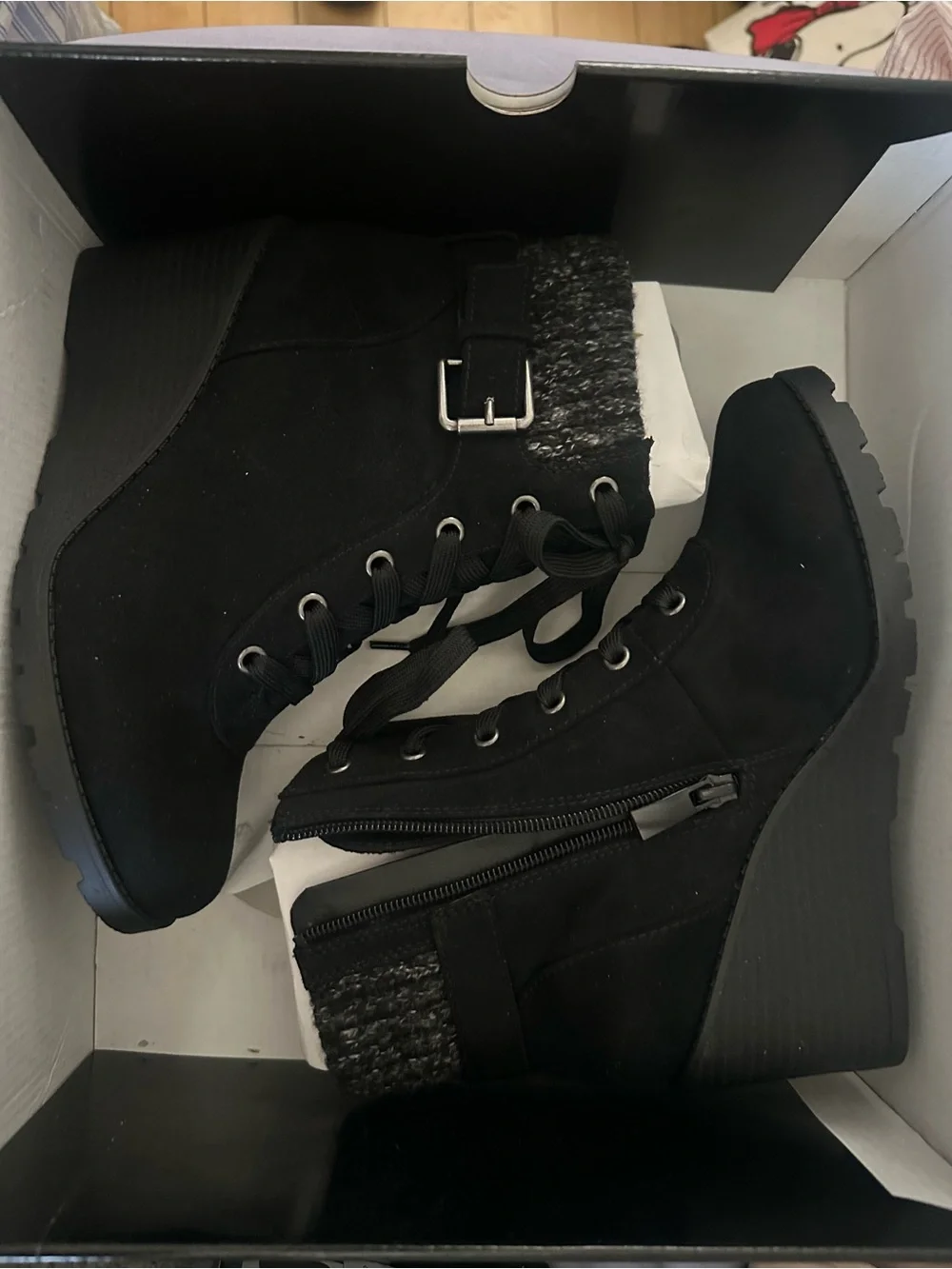 torrid Black Wedge Lace-Up Ankle Booties with Knit Collar